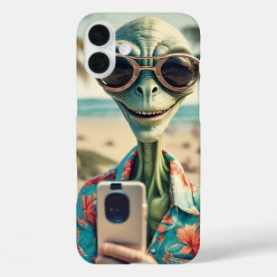 Alien Beach Selfie Retro Art iPhone 16 Plus Hülle