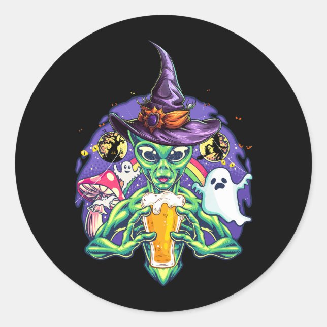 Alien Beer Peace Sign Lazy Trinken Halloween Zomb Runder Aufkleber (Vorderseite)