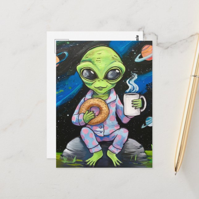 Alien Breakfast Postkarte (Vorderseite/Rückseite Beispiel)