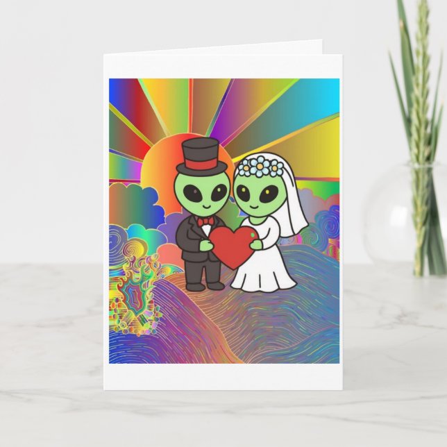 Alien Bride and Groom Wedding Retro Neon  Dankeskarte (Vorderseite)