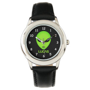Alien Cartoon sehen personalisiert mit Kindernamen Armbanduhr