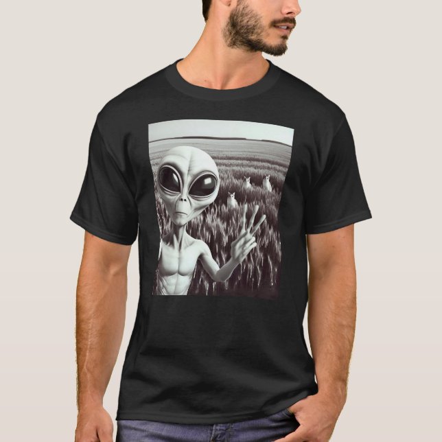 Alien Cat Funny Black and White Selfie UFO Peace S T-Shirt (Vorderseite)