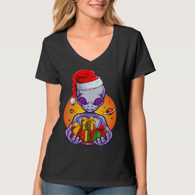 Alien Christmas for Kids Boys Men Santa Hat T-Shirt (Vorderseite)