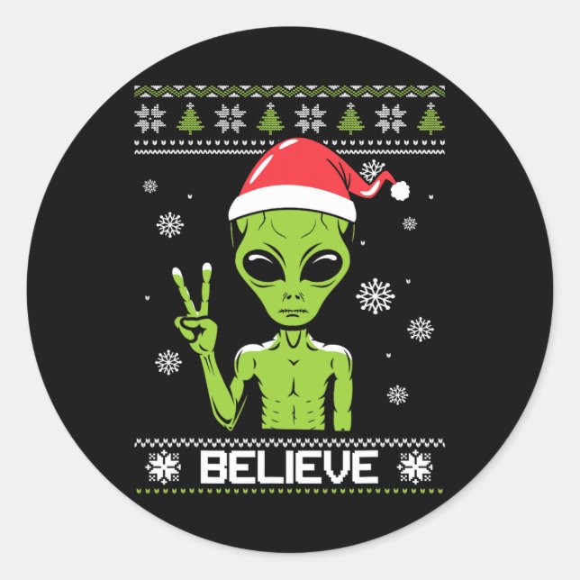 Alien Christmas Sweater glauben Funny Xmas Alien S Runder Aufkleber (Vorderseite)