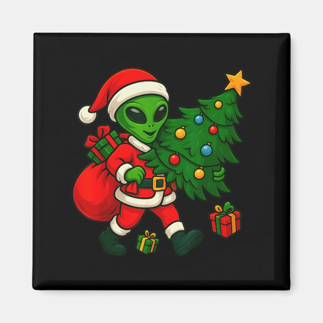 Alien Christmas Tree Xmas Lights Funny Holiday Men Magnet (Vorne)