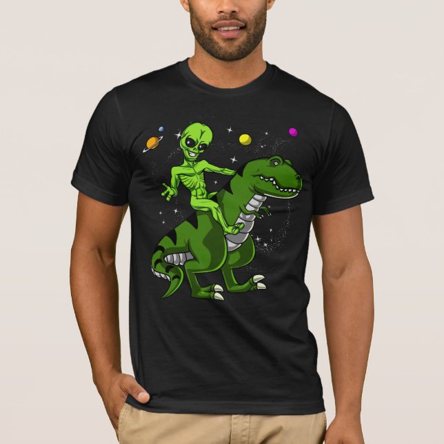 Alien, das T-Rex Dinosaurier-Raum UFO reitet T-Shirt (Vorderseite)