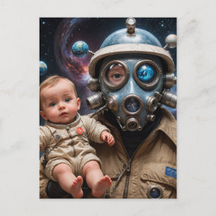 Alien der Gasmaske mit Baby im Weltraum Postkarte