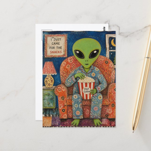 Alien, der Popcorn isst Postkarte (Vorderseite/Rückseite Beispiel)
