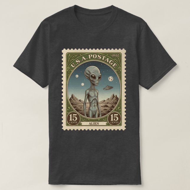 Alien der Vintagen Briefmarke T-Shirt (Design vorne)