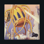 Alien der Vintagen Science Fiction Magnet<br><div class="desc">Vintage Illustration Außerirdischen und Roboter Science Fiction Bild mit einem großen futuristischen Alien Oktopus wie Monster einmarschieren in einer Stadt und sammeln einen Bus voller Menschen. Ein Retro-Sci-fi-Comic Buch-Design mit einem Geschöpf zerstört eine Metropole der Zukunft und die Menschen fallen aus dem Bus auf den städtischen Boden unten.</div>