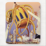 Alien der Vintagen Science Fiction Mousepad<br><div class="desc">Vintage Illustration Außerirdischen und Roboter Science Fiction Bild mit einem großen futuristischen Alien Oktopus wie Monster einmarschieren in einer Stadt und sammeln einen Bus voller Menschen. Ein Retro-Sci-fi-Comic Buch-Design mit einem Geschöpf zerstört eine Metropole der Zukunft und die Menschen fallen aus dem Bus auf den städtischen Boden unten.</div>