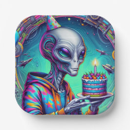 Alien, die Birthday Cake hält Pappteller