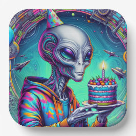 Alien, die Birthday Cake hält Pappteller