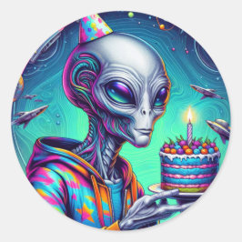 Alien, die Birthday Cake hält Runder Aufkleber