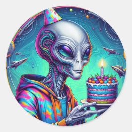 Alien, die Birthday Cake hält Runder Aufkleber