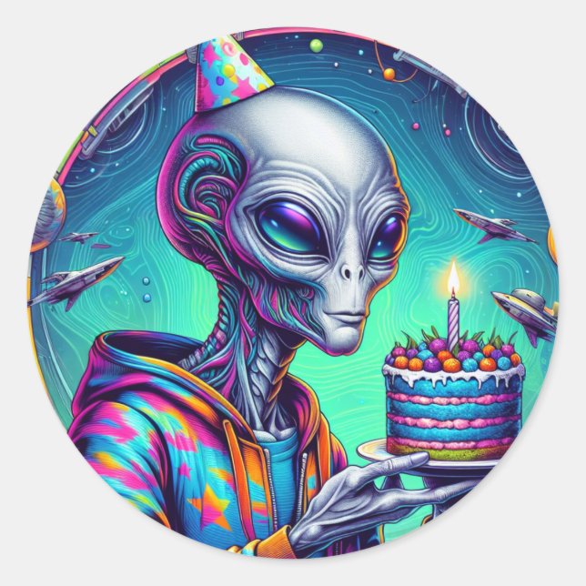 Alien, die Birthday Cake hält Runder Aufkleber (Vorderseite)