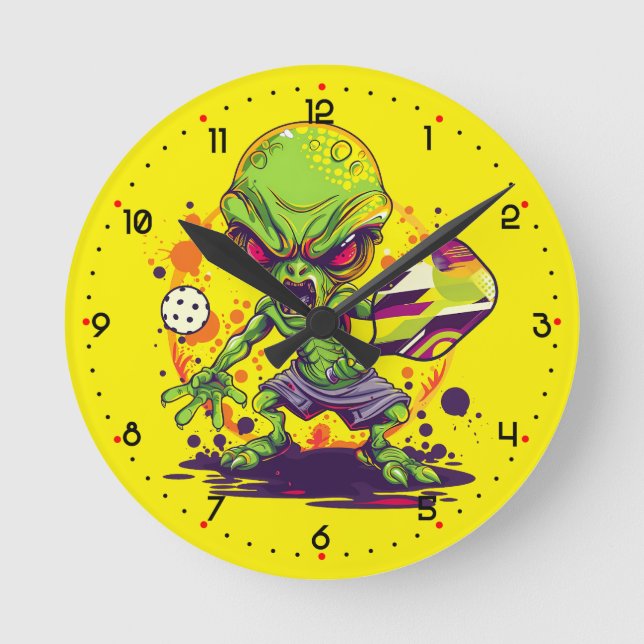 ALIEN DINKSTRIKTOR 3000 Pickleball  Runde Wanduhr (Vorderseite)