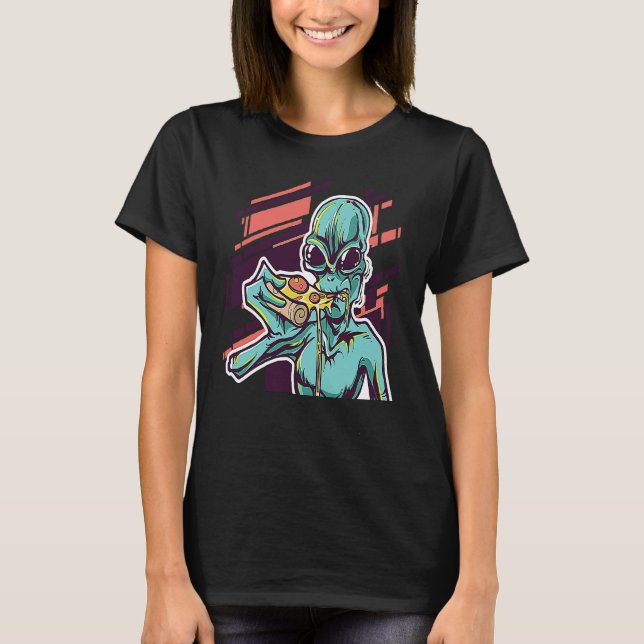 Alien Eating Pizza Modern UFO Martian T-Shirt (Vorderseite)
