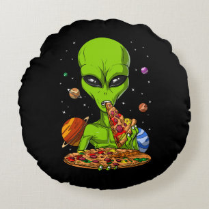 Alien Eating Space Pizza Rundes Kissen