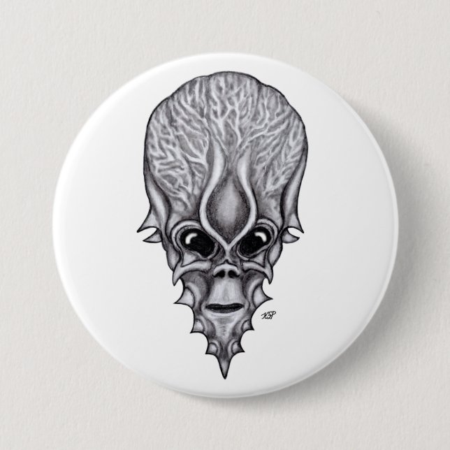 Alien Face, Afrikanische Schädelfaust Wiederaufbau Button (Vorderseite)
