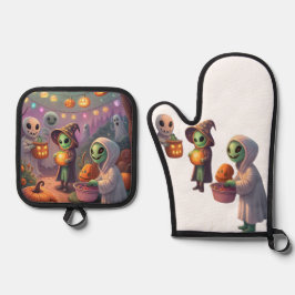 Alien-Fest | Seltsame Sci-Fi-Weihnachtskunst Ofenhandschuh & Topflappen-Set