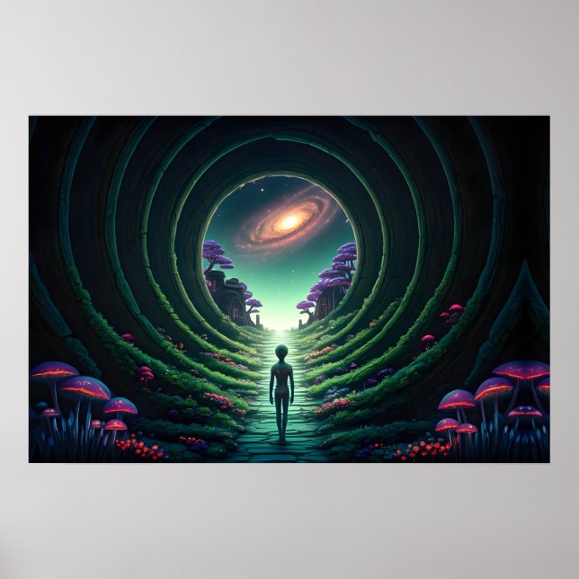 Alien Figure geht zu einem Sternenfernplaneten Poster (Vorne)