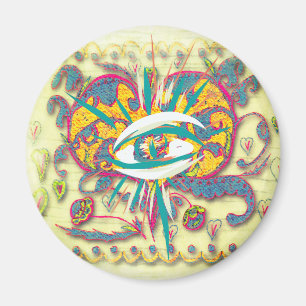 Alien Folk Art Herz mit Auge, Blättern, Blumen Magnet