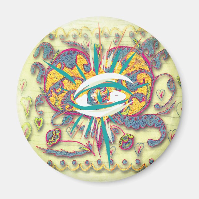 Alien Folk Art Herz mit Augen, Blätter, Blume Magnet (Vorne)