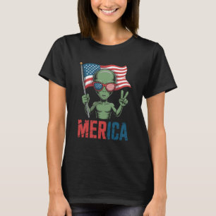 Alien Friedenszeichen Amerikanische Flagge Lustig T-Shirt