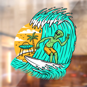 Alien-Friedenszeichen-Surfen-UFO-auf-dem-Strand-ge Fensteraufkleber