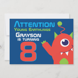 Alien Geburtstagsjunge 8. orange Einladung