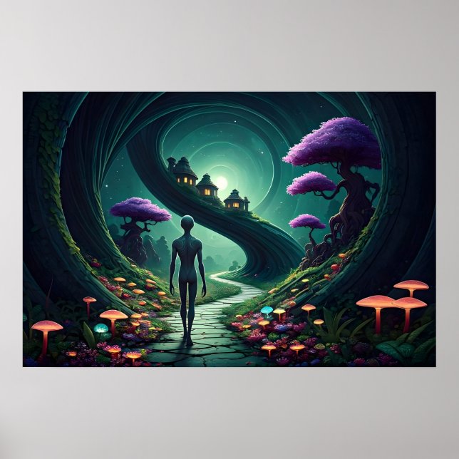 Alien geht durch einen Alien-Garten Poster (Vorne)