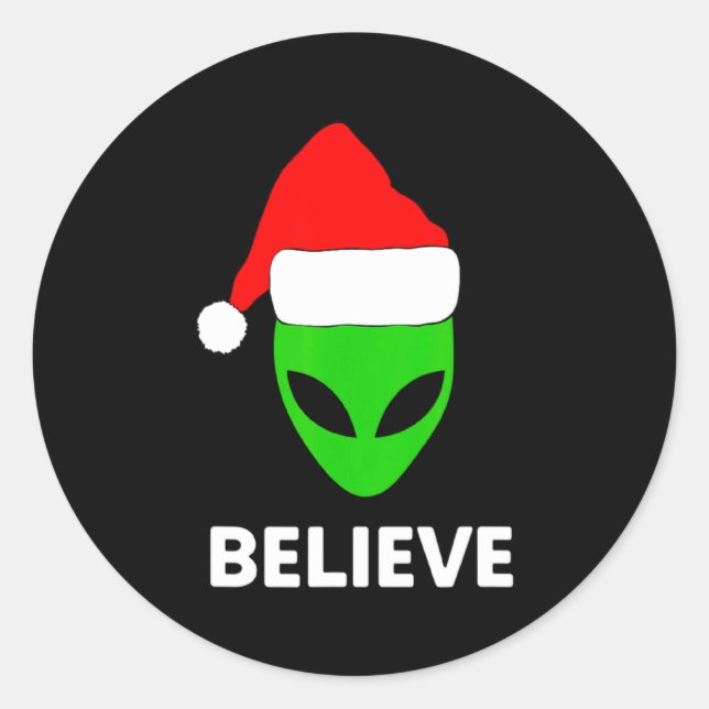 Alien Green Face Christmas Santa Hat Believe  Runder Aufkleber (Vorderseite)