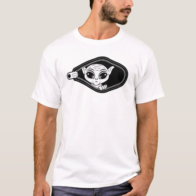 Alien guckt aus Reissverschluss  T-Shirt (Vorderseite)