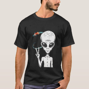 Alien hält Friedenszeichen Ufo Außerirdischer Sci- T-Shirt