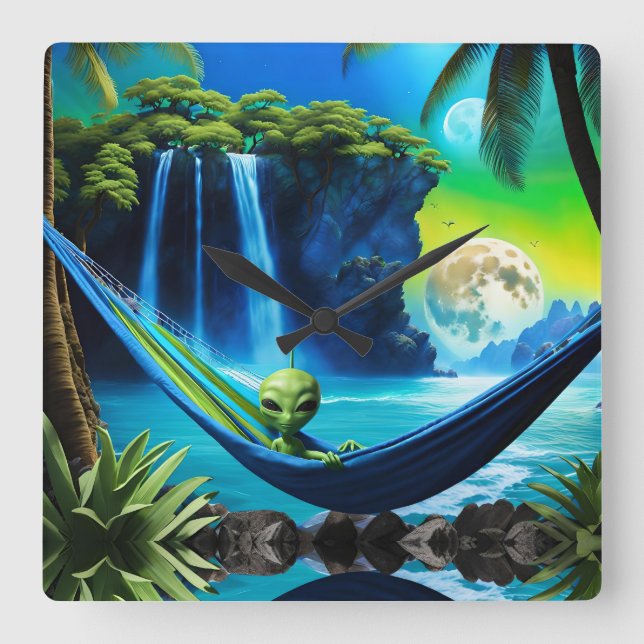 Alien Hammock zur Ferienzeit am Strand Quadratische Wanduhr (Vorderseite)