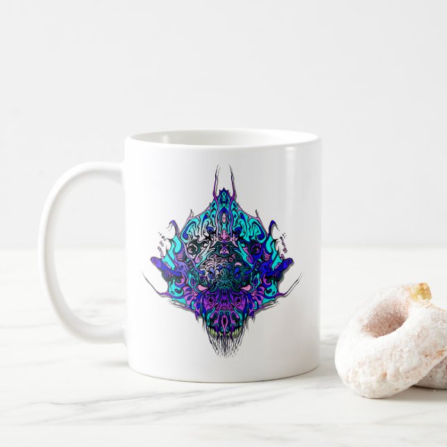 Alien Head - blau und lila Kaffeetasse (Mit Donut)