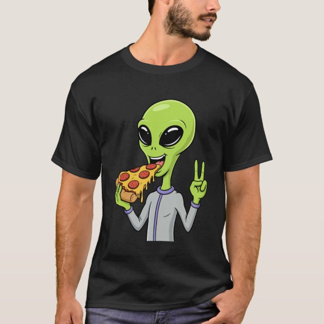 Alien Head Eating Pizza UFO Extraterrestrial Snack T-Shirt (Vorderseite)