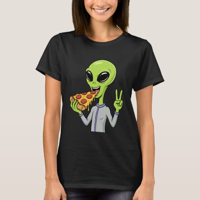 Alien Head Eating Pizza UFO Extraterrestrial Snack T-Shirt (Vorderseite)