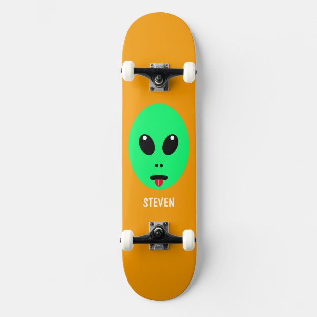 Alien Head Green Orange Personalisiert Kids Skateboard (Vorderseite)