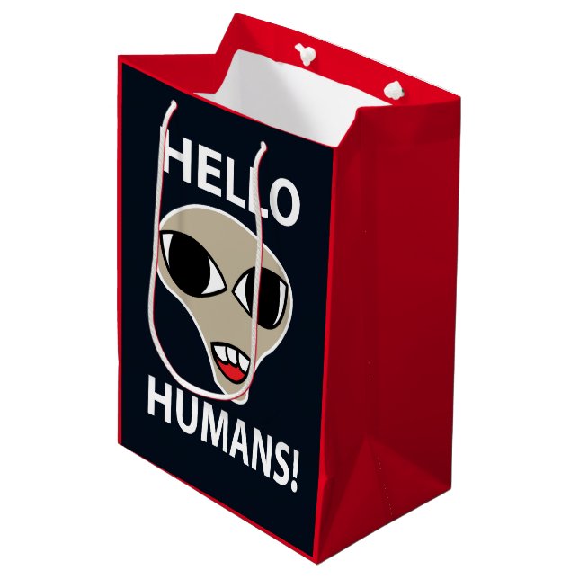 Alien Hello Humans Funny Alien Mittlere Geschenktüte (Vorderseite Schrägansicht)