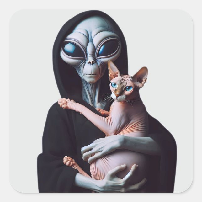 Alien Hugging Sphynx Cat Ufo Abduction Area 51 Quadratischer Aufkleber (Vorderseite)