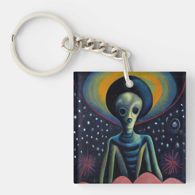 Alien im Stil der 1940er Jahre mit einem Halo Schlüsselanhänger (Vorderseite)