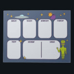 Alien im Weltraum mit Flying Saucer Planner Pad Notizblock<br><div class="desc">Planen Sie Ihre Woche stilvoll mit diesem Planerpad. Es zeigt Science Fiction themed Illustrationen mit einer Limone Grünfläche Alien,  eine fliegende Untertasse,  einige Planeten und Sterne.</div>
