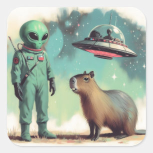 Alien im Weltraum und Capybara-Vorläuferinformatio Quadratischer Aufkleber