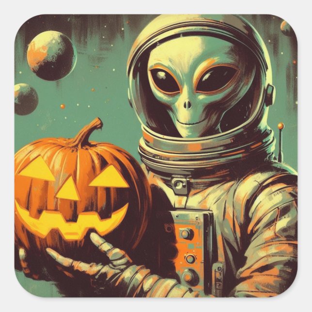 Alien im Weltraum und Jack-o'-Laterne Retro-Illust Quadratischer Aufkleber (Vorderseite)