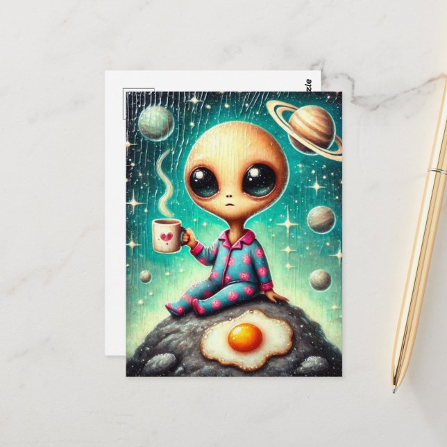 Alien in Blau und Rosa PJs mit Kaffee und Ei Postkarte (Vorderseite/Rückseite Beispiel)