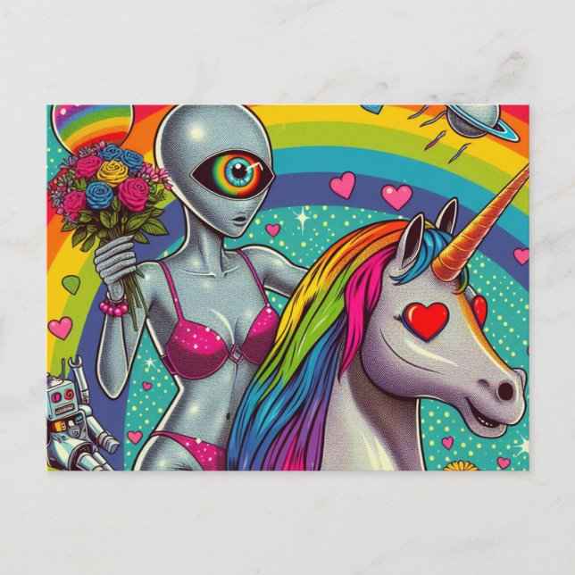 Alien in einem Bikini auf einem Einhorn Postkarte (Vorderseite)