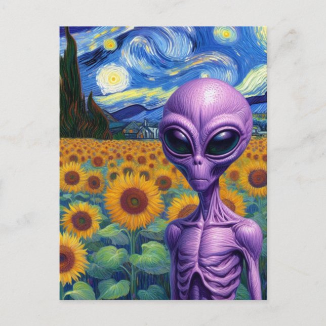 Alien in einem Imitat Van Gogh Sonnenblumenfeld Postkarte (Vorderseite)