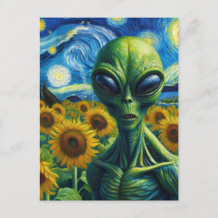 Alien in einem Imitat Van Gogh Sonnenblumenfeld Postkarte